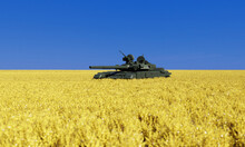 a T-90 Russian tank occupying a landscape with Ukraine flag colors the hole illustration is cut following the Ukrainian map 