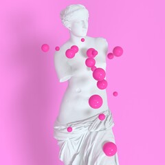 Poster - Surrealistic 3D illustration of the statue of Venus de Milo and the spheres around it.