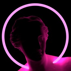 Poster - 3D illustration of a Greek Goddess with a neon halo around the head.