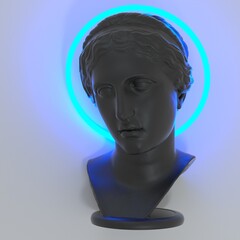 Poster - 3D illustration of a Greek Goddess with a neon halo around the head.