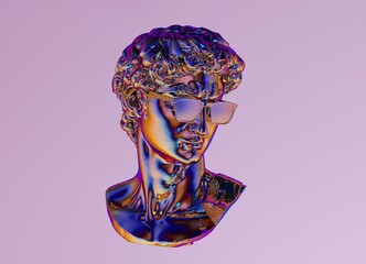 Poster - 3D illustration of a holographic sculpture of a bust in glasses. Futuristic vaporwave style image.