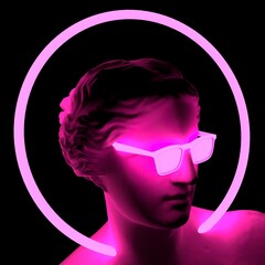 Poster - 3D illustration of a Greek Goddess with a neon halo around the head.