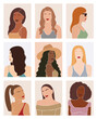 Collection of modern women. Woman portrait wall art, trendy background templates. Feminine illustrations