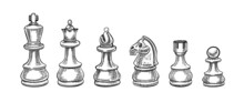 Hand Drawn Chess Pieces Collection. Check Mate Figures Set On White Background. Vector Illustration.