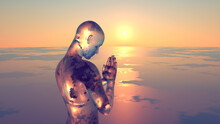 3d Illustration Of A Translucent Praying Man At Sunrise