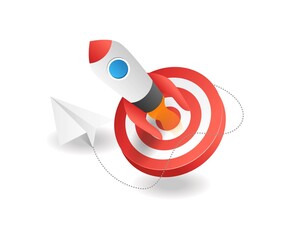 Poster - Concept isometric illustration. Battery warning in caseFlat isometric illustration concept. rocket out of target symbol