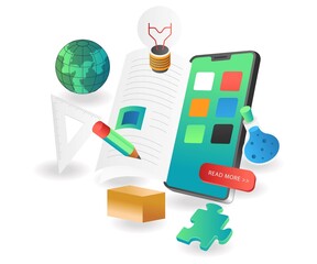 Poster - Flat isometric illustration concept. reading books on smartphone online learning