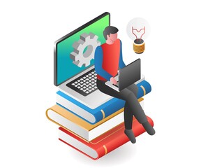 Poster - Flat isometric illustration concept. online learning process on a pile of books