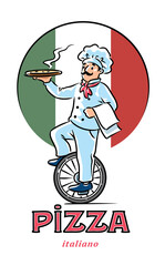 Sticker - Funny chef on monocycle with pizza. Emblem design