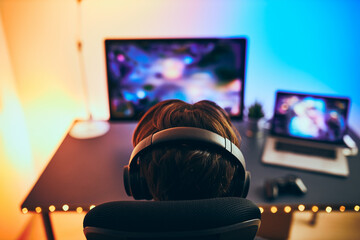 Wall Mural - Man playing video game at home. Gamer playing online in dark room lit by neon lights. Competition and having fun