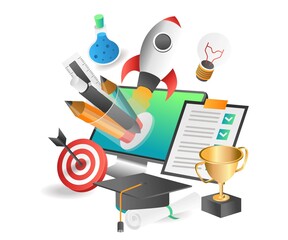 Poster - Flat isometric illustration concept. back to online education creative school