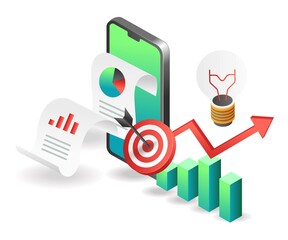 Poster - Flat isometric illustration concept. Analyzing investment business data on smartphone