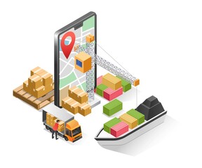 Poster - Flat isometric illustration concept. cross country logistics map app