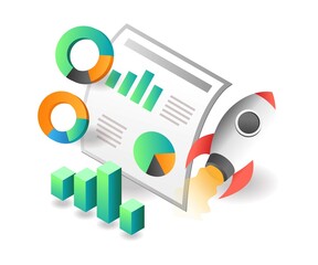 Poster - Flat isometric concept illustration. rocket launching business data analysis
