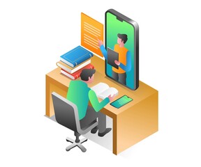 Poster - Flat isometric concept illustration. student is studying online with smartphone