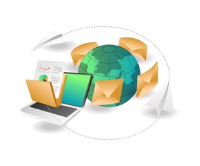 Poster - Flat isometric concept illustration. send email data to any part of the world