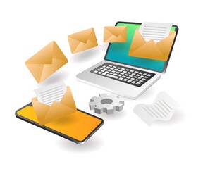 Poster - Flat isometric concept illustration. send email data from smartphone to computer