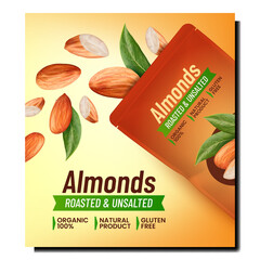 Poster - Almonds Snack Creative Promotion Banner Vector. Roasted And Unsalted Almonds Nuts Blank Packaging And Natural Leaves On Advertising Poster. Delicious Snack Style Concept Template Illustration