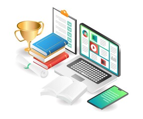 Poster - Flat isometric concept illustration. back to school online learning account