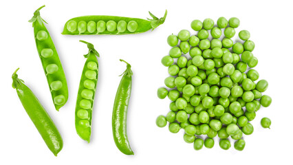 Wall Mural - Green peas isolated on white. Pea seeds and pods cut out. 