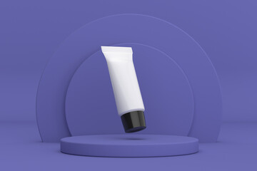 Poster - White Blank Cosmetic Cream Tube with Emrty Space for Yours Design over Violet Very Peri Cylinders Products Stage Pedestal. 3d Rendering