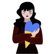 Save Ukraine. The girl with black hair hugs a heart with the colors of the flag of Ukraine. Support for Ukraine. No war. Only peace in the world. Vector illustration

