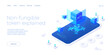 NFT abstract concept illustration in isometric design. Non-fungible token blockchain or marketplace. Cryptographic technology web banner layout.