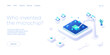 Microchip concept illustration in isometric vector design. Semiconductor or computer processor chip production. CPU hardware technology web banner layout.