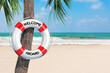 White Life Buoy with Welcome Aboard Sign Hanging on a Palm Tree on an Sand Beach. 3d Rendering