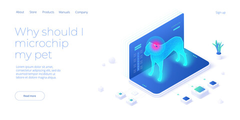  Pet microchip concept illustration in isometric vector design. Dog or animal tracking chip identification. Id implant scan technology web banner layout.