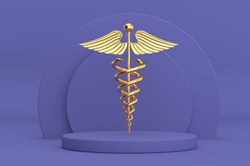 Poster - Golden Medical Caduceus Symbol over Violet Very Peri Cylinders Products Stage Pedestal. 3d Rendering