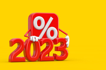 Aufkleber - Sale or Discount Percent Sign Person Character Mascot with Red 2023 New Year Sign. 3d Rendering