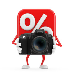 Aufkleber - Sale or Discount Percent Sign Person Character Mascot with Modern Digital Photo Camera. 3d Rendering