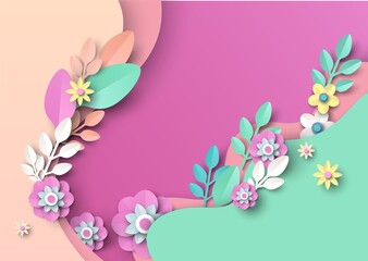Paper cut flowers and leaves. Spring background. Floral poster, banner, flyer template, vector illustration.