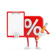 Aufkleber - Sale or Discount Percent Sign Person Character Mascot with Red Plastic Clipboard, Paper and Pencil. 3d Rendering