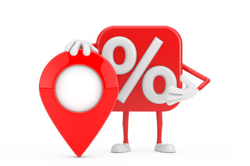 Poster - Sale or Discount Percent Sign Person Character Mascot with Red Map Pointer Target Pin. 3d Rendering