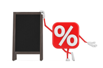 Poster - Sale or Discount Percent Sign Person Character Mascot with Blank Wooden Menu Blackboards Outdoor Display. 3d Rendering