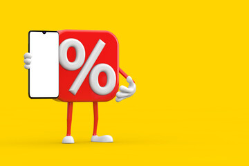 Poster - Sale or Discount Percent Sign Person Character Mascot and Modern Mobile Phone with Blank Screen for Your Design. 3d Rendering
