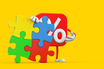 Aufkleber - Sale or Discount Percent Sign Person Character Mascot with Four Pieces of Colorful Jigsaw Puzzle. 3d Rendering