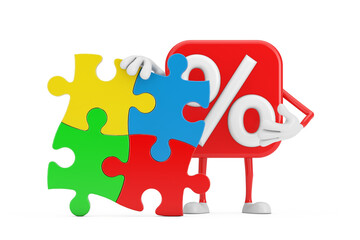 Poster - Sale or Discount Percent Sign Person Character Mascot with Four Pieces of Colorful Jigsaw Puzzle. 3d Rendering