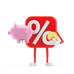 Poster - Sale or Discount Percent Sign Person Character Mascot with Piggy Bank and Golden Dollar Coin. 3d Rendering
