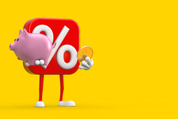 Poster - Sale or Discount Percent Sign Person Character Mascot with Piggy Bank and Golden Dollar Coin. 3d Rendering