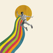 © Lustre Art Group  - Contemporary art collage. Stylish man in sunglasses jumping over rainbow background