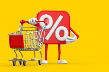 Poster - Sale or Discount Percent Sign Person Character Mascot with Shopping Cart Trolley. 3d Rendering