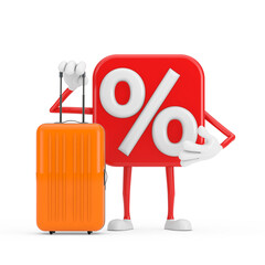 Aufkleber - Sale or Discount Percent Sign Person Character Mascot with Orange Travel Suitcase. 3d Rendering