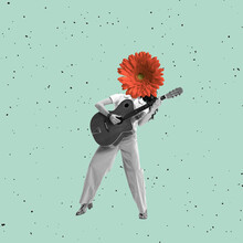 Contemporary Art Collage. Young Stylish Woman With Flower Head Playing Guitar Isolated Over Blue Background