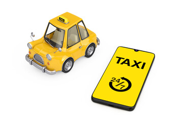 Fototapete - Yellow Cartoon Taxi Car near Modern Mobile Phone with Taxi 24/7 Service Application. 3d Rendering