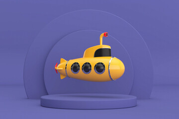 Aufkleber - Toy Cartoon Styled Submarine over Violet Very Peri Cylinders Products Stage Pedestal. 3d Rendering