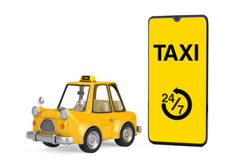Fototapete - Yellow Cartoon Taxi Car near Modern Mobile Phone with Taxi 24/7 Service Application. 3d Rendering