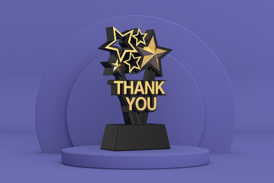 award trophy with golden thank you sign over violet very peri cylinders products stage pedestal. 3d 